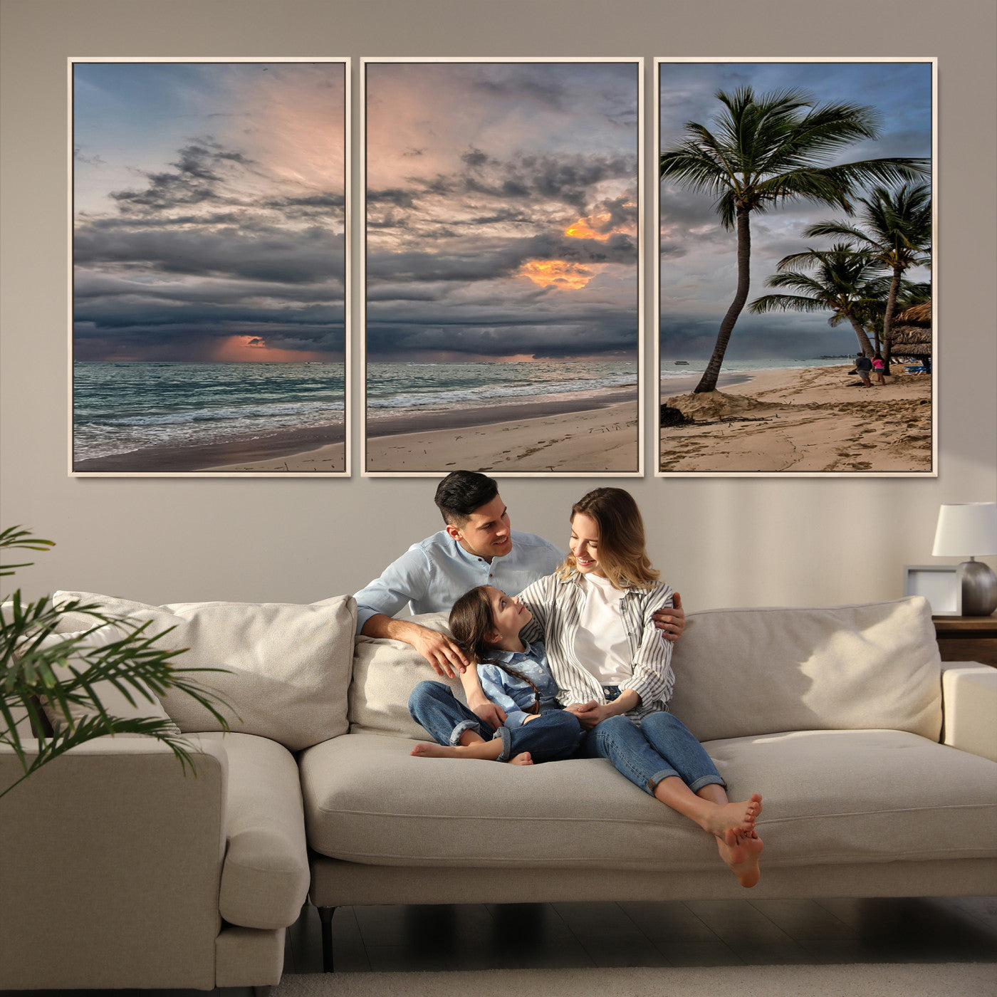 62574547-MGV-FC-60X30-3P_Natural-Tropical Storm Wall Art Canvas Print, Moody Beach Print, Framed Dramatic Sky Art Print, Large Palm Tree Coast Printing Tropical