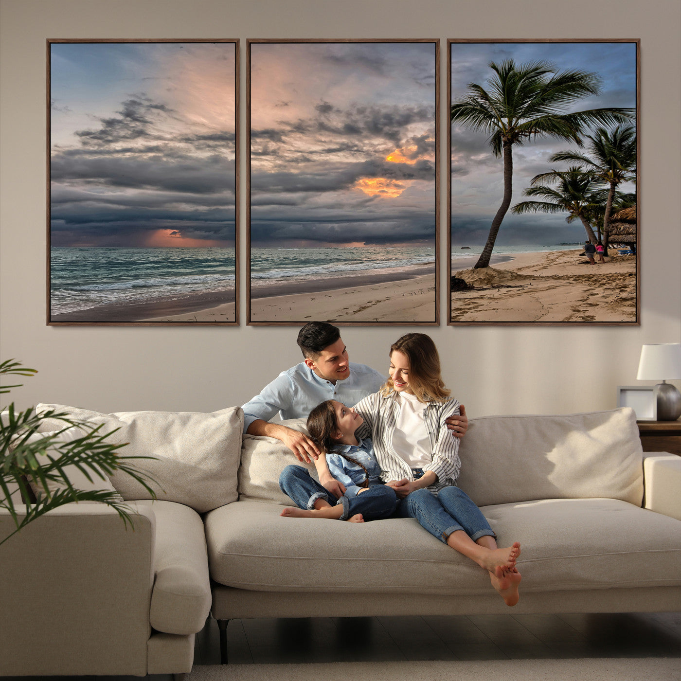 62574547-MGV-FC-60X30-3P_Walnut-Tropical Storm Wall Art Canvas Print, Moody Beach Print, Framed Dramatic Sky Art Print, Large Palm Tree Coast Printing Tropical
