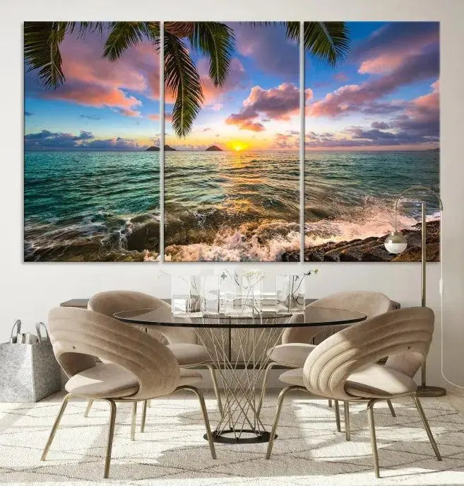 The Tropical Sunset Art Canvas Print is displayed in a triptych format on museum-quality canvas.