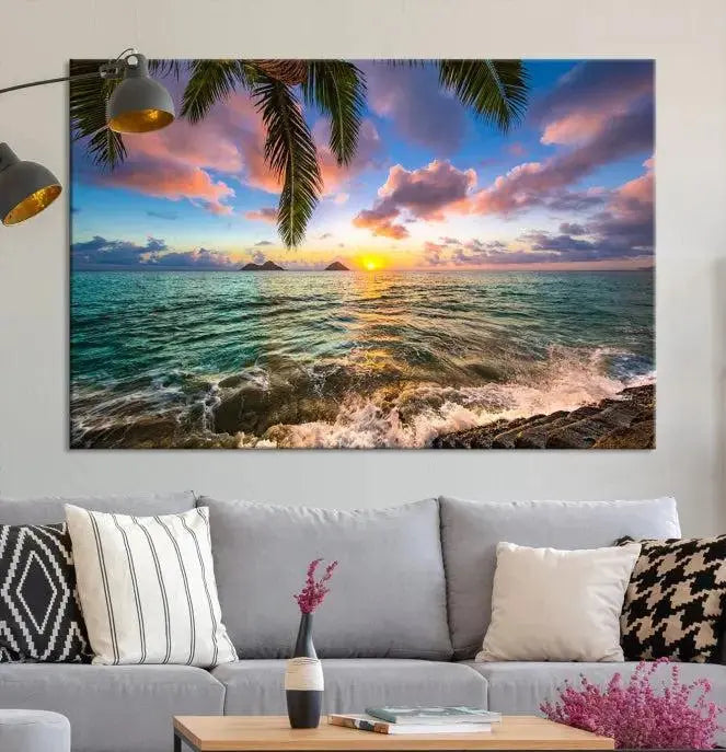 The Tropical Sunset Art Canvas Print is displayed in a triptych format on museum-quality canvas.