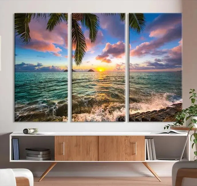 The Tropical Sunset Art Canvas Print is displayed in a triptych format on museum-quality canvas.