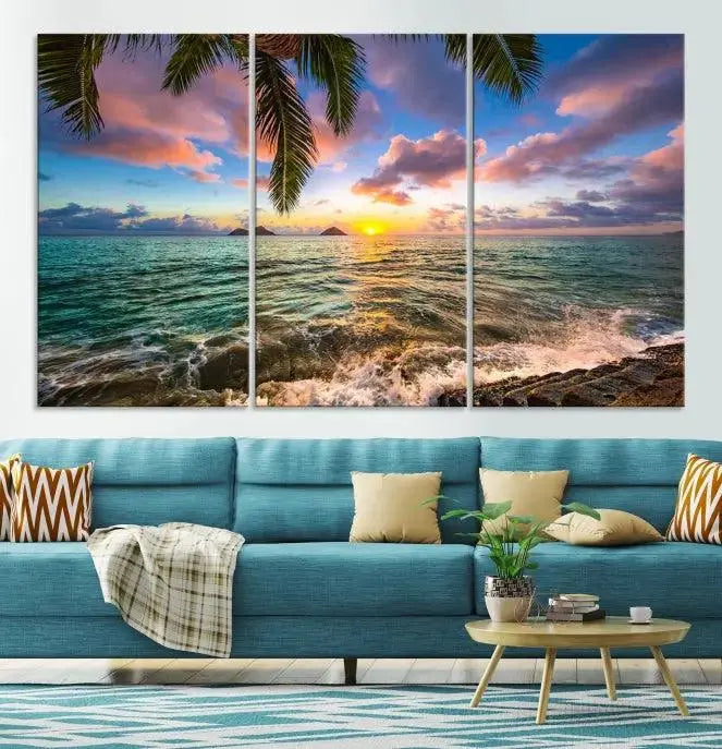 The Tropical Sunset Art Canvas Print is displayed in a triptych format on museum-quality canvas.