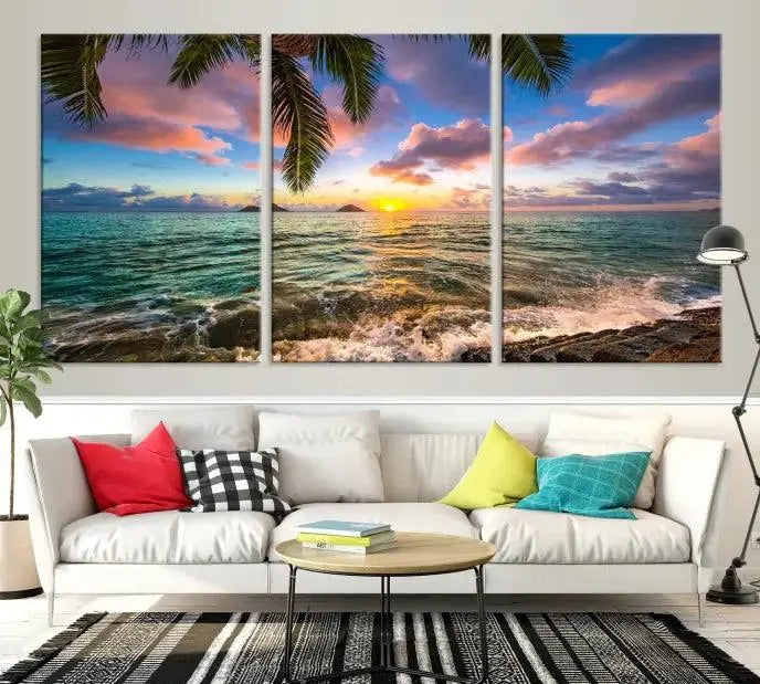 The Tropical Sunset Art Canvas Print is displayed in a triptych format on museum-quality canvas.