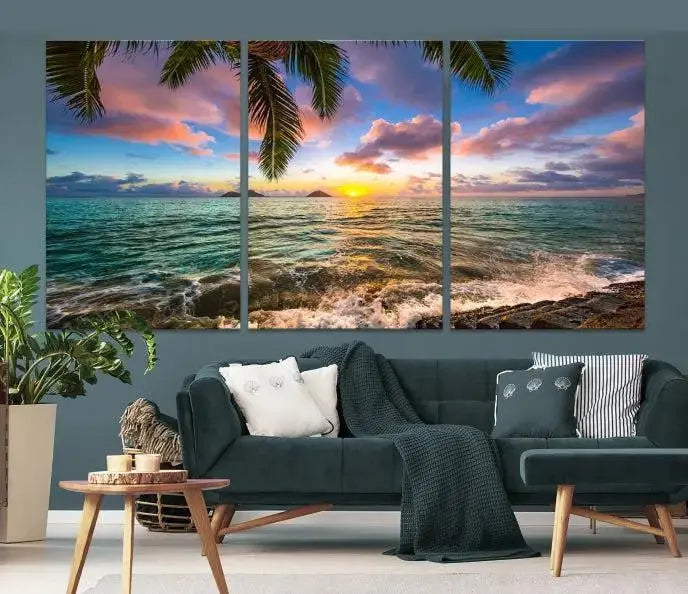 The Tropical Sunset Art Canvas Print is displayed in a triptych format on museum-quality canvas.