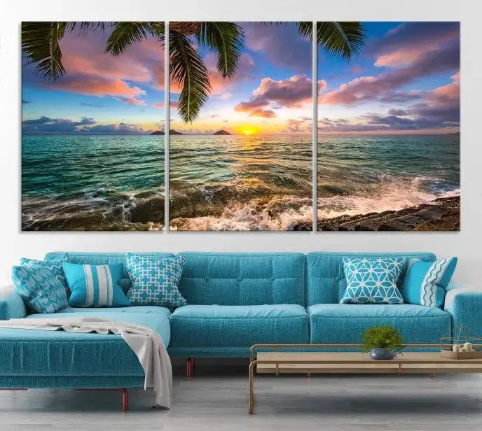 The Tropical Sunset Art Canvas Print is displayed in a triptych format on museum-quality canvas.