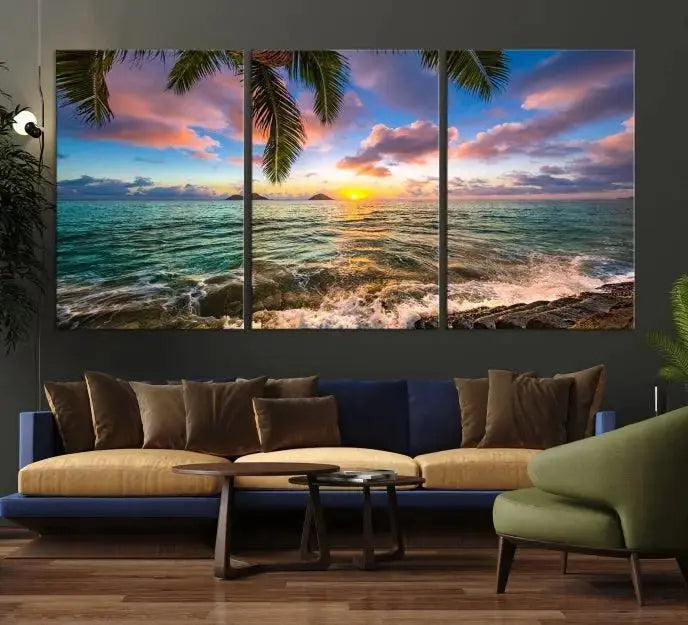 The Tropical Sunset Art Canvas Print is displayed in a triptych format on museum-quality canvas.