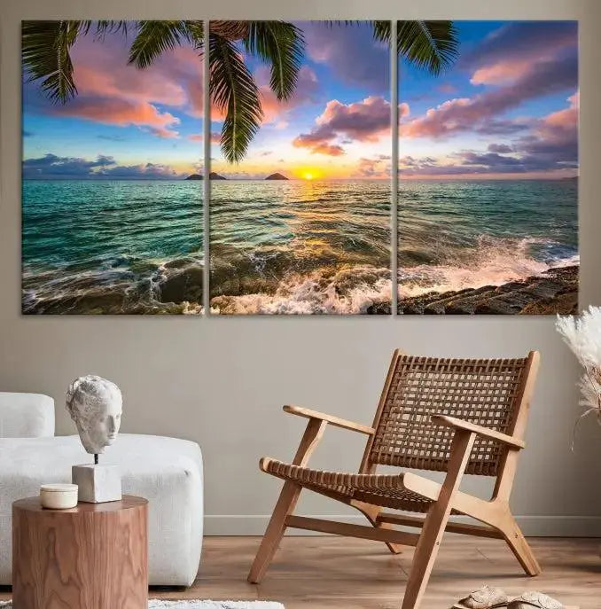 The Tropical Sunset Art Canvas Print is displayed in a triptych format on museum-quality canvas.