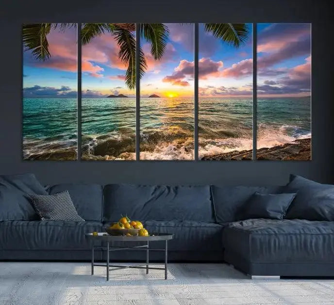 The Tropical Sunset Art Canvas Print is displayed in a triptych format on museum-quality canvas.