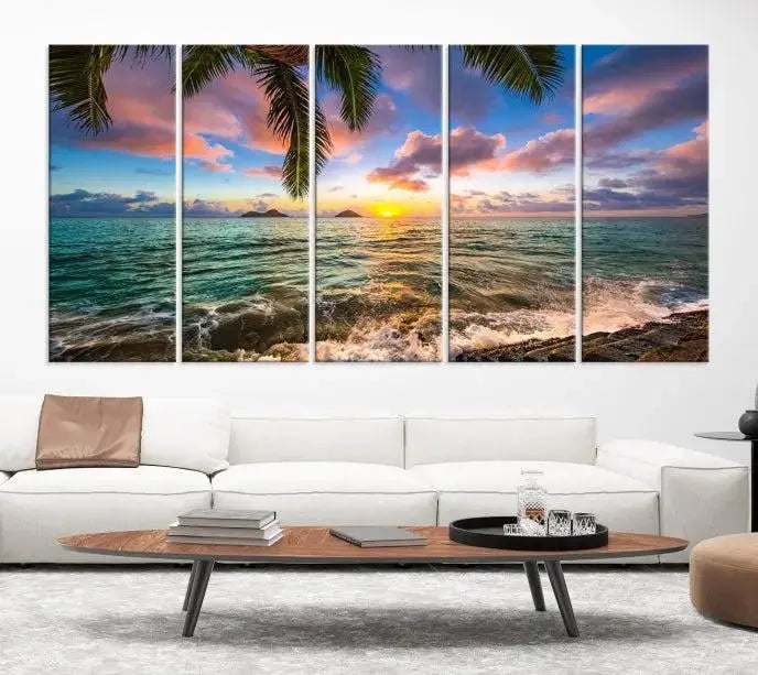 The Tropical Sunset Art Canvas Print is displayed in a triptych format on museum-quality canvas.