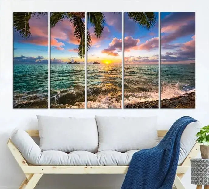 The Tropical Sunset Art Canvas Print is displayed in a triptych format on museum-quality canvas.