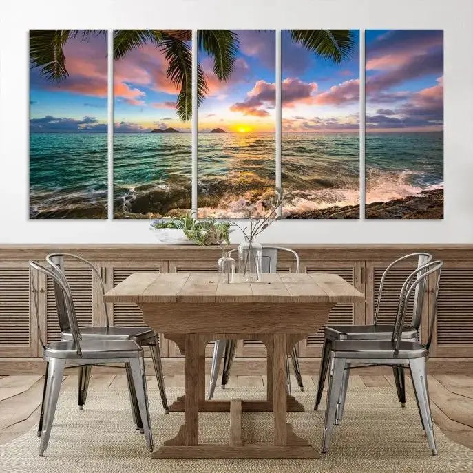 The Tropical Sunset Art Canvas Print is displayed in a triptych format on museum-quality canvas.