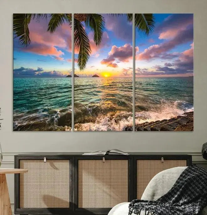 The Tropical Sunset Art Canvas Print is displayed in a triptych format on museum-quality canvas.