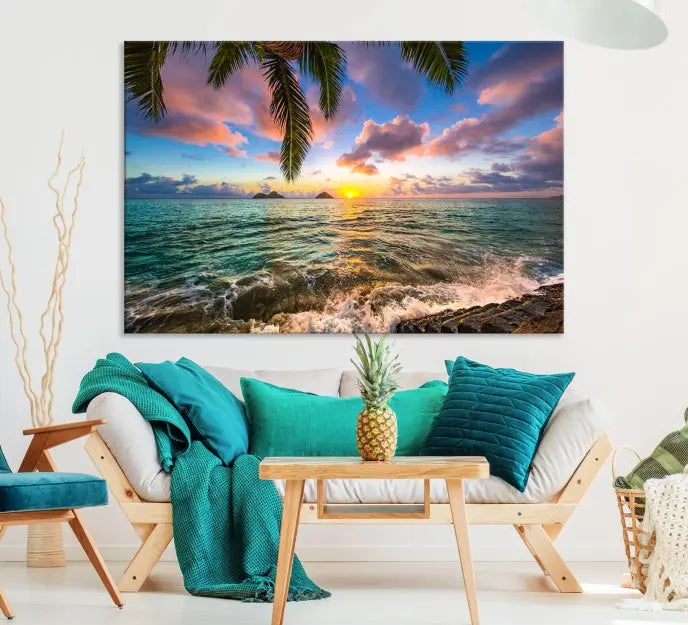 The Tropical Sunset Art Canvas Print is displayed in a triptych format on museum-quality canvas.