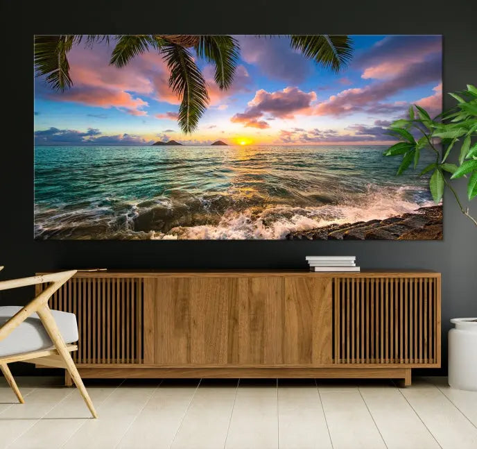 The Tropical Sunset Art Canvas Print is displayed in a triptych format on museum-quality canvas.