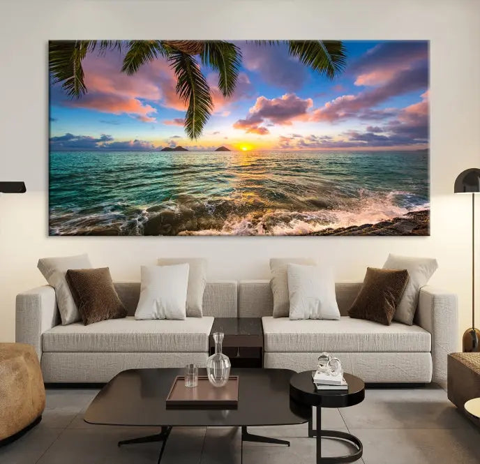 The Tropical Sunset Art Canvas Print is displayed in a triptych format on museum-quality canvas.