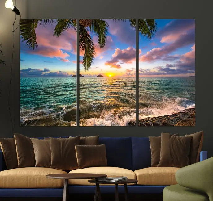 The Tropical Sunset Art Canvas Print is displayed in a triptych format on museum-quality canvas.