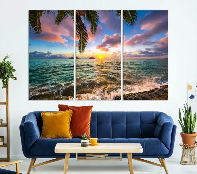 The Tropical Sunset Art Canvas Print is displayed in a triptych format on museum-quality canvas.