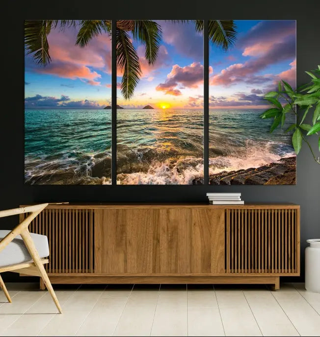 The Tropical Sunset Art Canvas Print is displayed in a triptych format on museum-quality canvas.