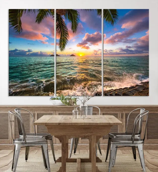 The Tropical Sunset Art Canvas Print is displayed in a triptych format on museum-quality canvas.