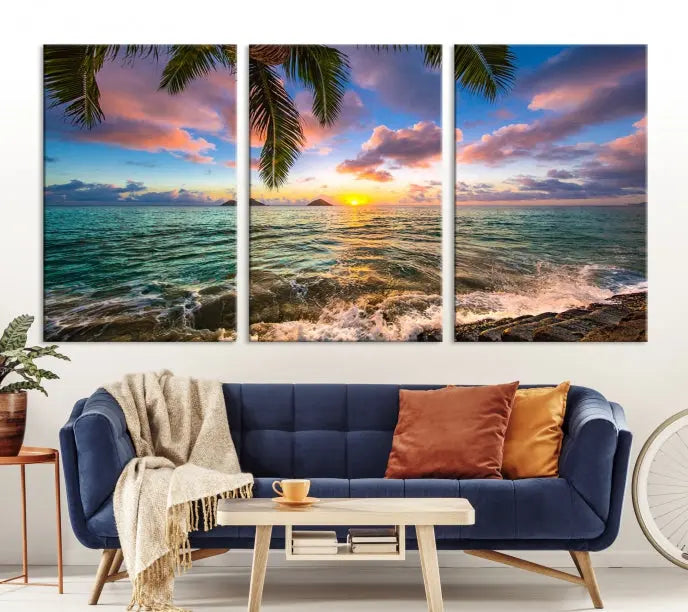 The Tropical Sunset Art Canvas Print is displayed in a triptych format on museum-quality canvas.