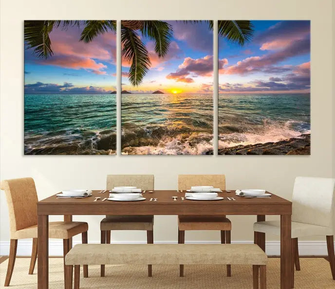 The Tropical Sunset Art Canvas Print is displayed in a triptych format on museum-quality canvas.