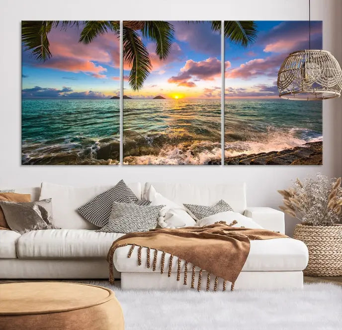 The Tropical Sunset Art Canvas Print is displayed in a triptych format on museum-quality canvas.