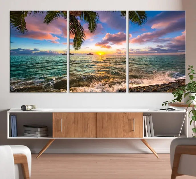 The Tropical Sunset Art Canvas Print is displayed in a triptych format on museum-quality canvas.