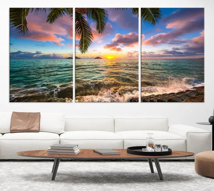 The Tropical Sunset Art Canvas Print is displayed in a triptych format on museum-quality canvas.