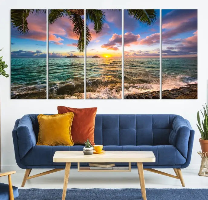 The Tropical Sunset Art Canvas Print is displayed in a triptych format on museum-quality canvas.