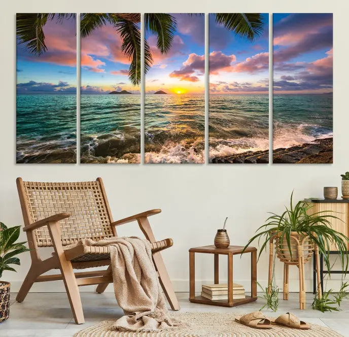 The Tropical Sunset Art Canvas Print is displayed in a triptych format on museum-quality canvas.