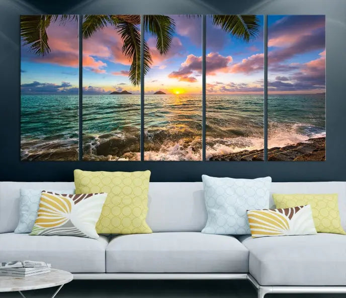 The Tropical Sunset Art Canvas Print is displayed in a triptych format on museum-quality canvas.