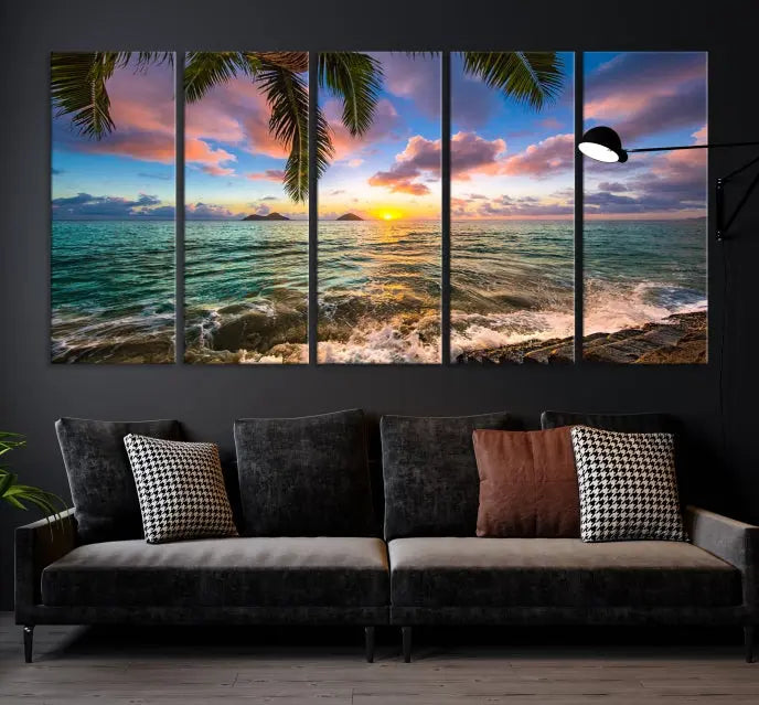 The Tropical Sunset Art Canvas Print is displayed in a triptych format on museum-quality canvas.