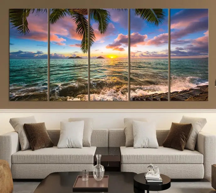 The Tropical Sunset Art Canvas Print is displayed in a triptych format on museum-quality canvas.