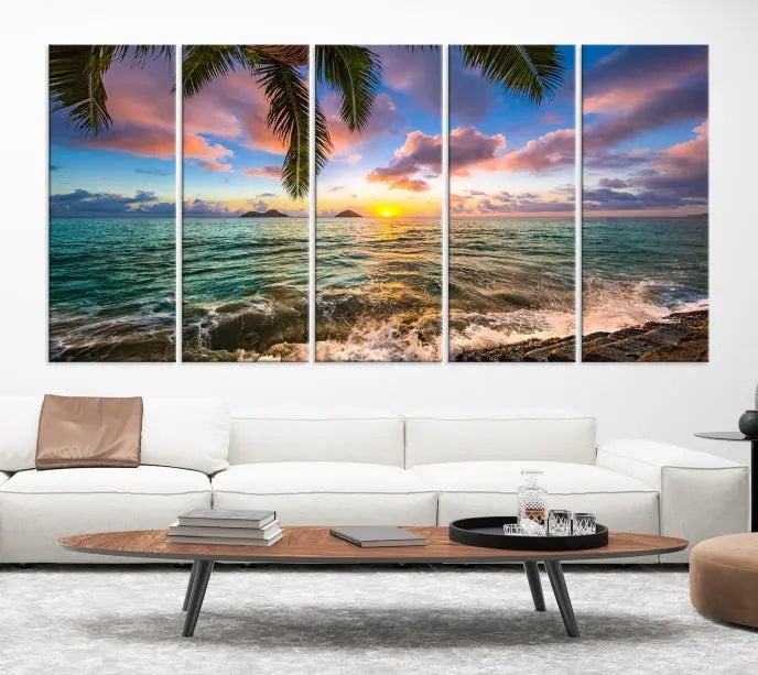 The Tropical Sunset Art Canvas Print is displayed in a triptych format on museum-quality canvas.