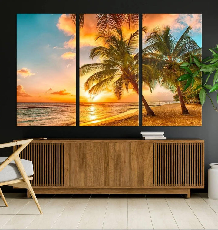 Tropical Sunset Beach Canvas Wall Art Print – Vibrant Palm Trees and Coastal Sunset Wall Decor for Home or Office – Ready to Hang