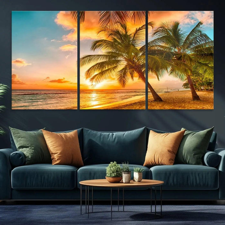 Tropical Sunset Beach Canvas Wall Art Print – Vibrant Palm Trees and Coastal Sunset Wall Decor for Home or Office – Ready to Hang