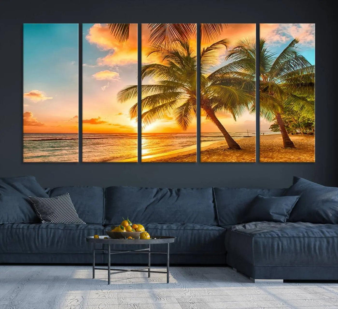 Tropical Sunset Beach Canvas Wall Art Print – Vibrant Palm Trees and Coastal Sunset Wall Decor for Home or Office – Ready to Hang