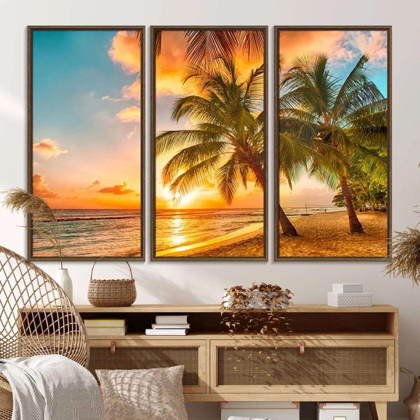 18618-MGV-FC-48X32-3P_Walnut-Tropical Sunset Beach Canvas Wall Art Print – Vibrant Palm Trees and Coastal Sunset Wall Decor for Home or Office – Ready to Hang