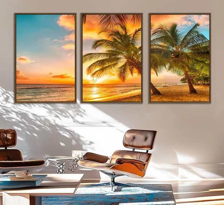18618-MGV-FC-60X30-3P_Walnut-Tropical Sunset Beach Canvas Wall Art Print – Vibrant Palm Trees and Coastal Sunset Wall Decor for Home or Office – Ready to Hang