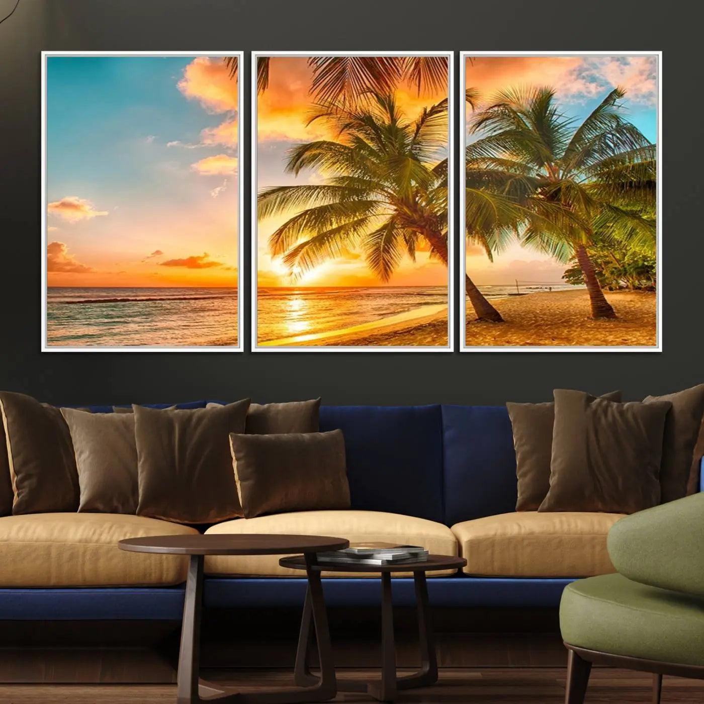 18618-MGV-FC-60X30-3P_White-Tropical Sunset Beach Canvas Wall Art Print – Vibrant Palm Trees and Coastal Sunset Wall Decor for Home or Office – Ready to Hang