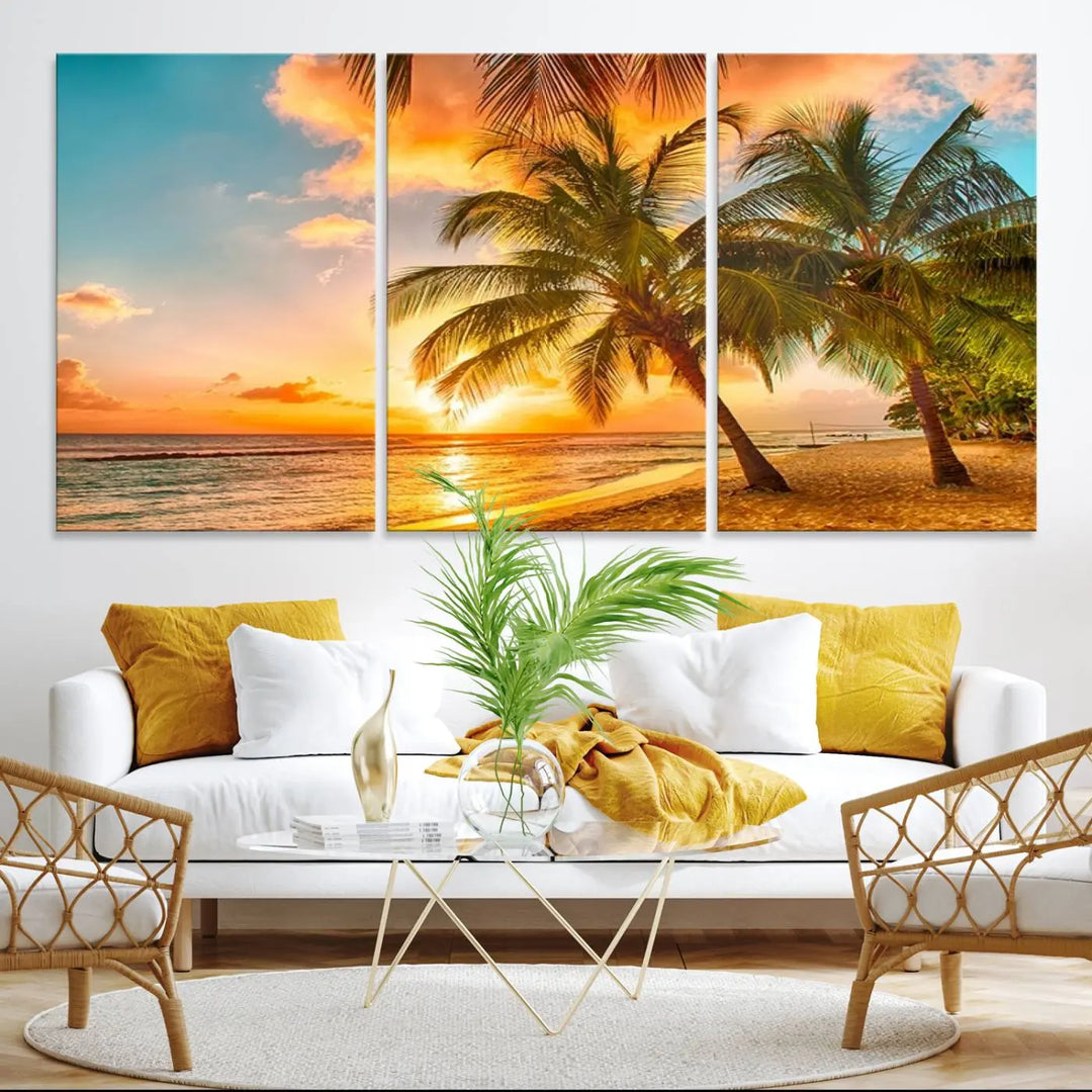 Tropical Sunset Beach Canvas Wall Art Print – Vibrant Palm Trees and Coastal Sunset Wall Decor for Home or Office – Ready to Hang