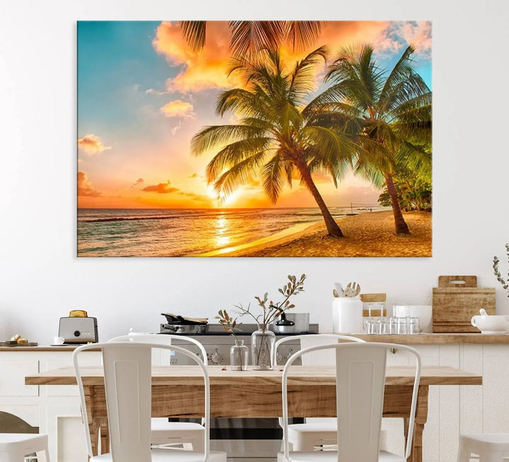Tropical Sunset Beach Canvas Wall Art Print – Vibrant Palm Trees and Coastal Sunset Wall Decor for Home or Office – Ready to Hang