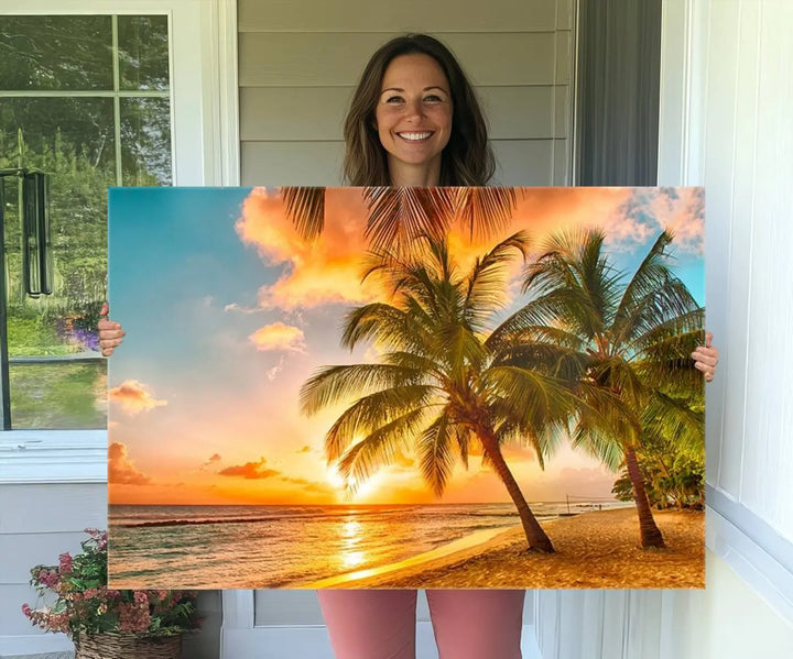 Tropical Sunset Beach Canvas Wall Art Print – Vibrant Palm Trees and Coastal Sunset Wall Decor for Home or Office – Ready to Hang