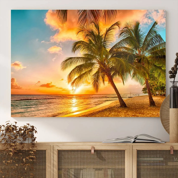 Tropical Sunset Beach Canvas Wall Art Print – Vibrant Palm Trees and Coastal Sunset Wall Decor for Home or Office – Ready to Hang