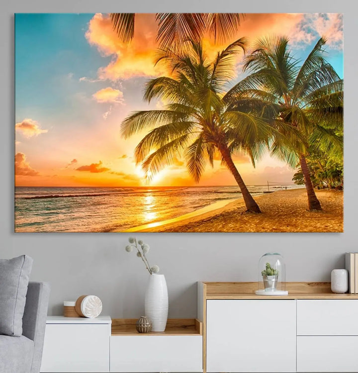 Tropical Sunset Beach Canvas Wall Art Print – Vibrant Palm Trees and Coastal Sunset Wall Decor for Home or Office – Ready to Hang