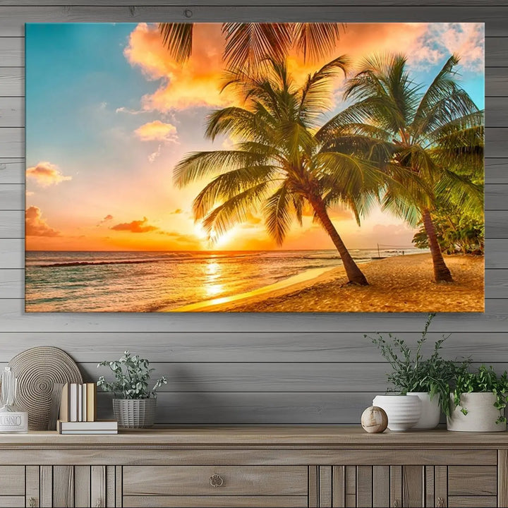 Tropical Sunset Beach Canvas Wall Art Print – Vibrant Palm Trees and Coastal Sunset Wall Decor for Home or Office – Ready to Hang