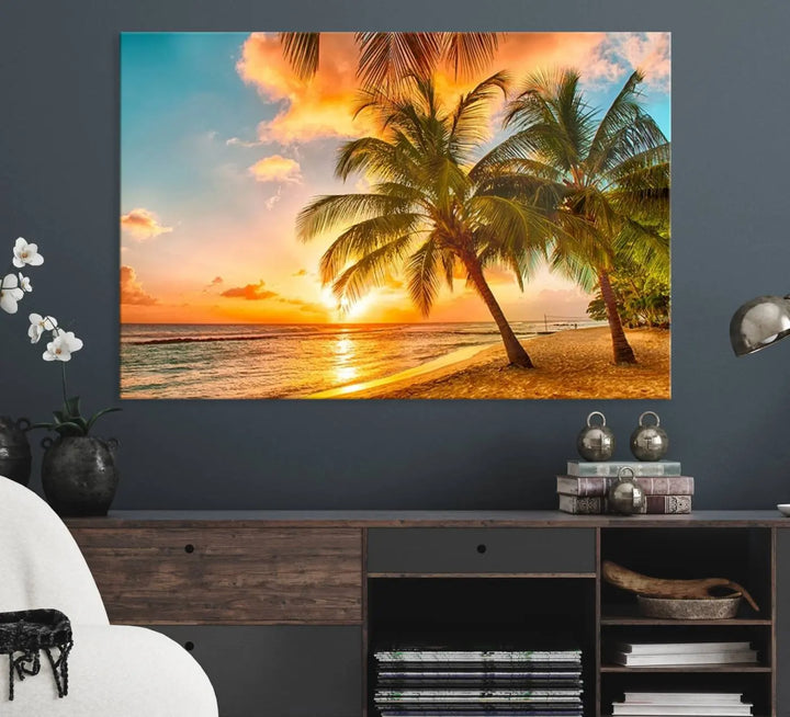 Tropical Sunset Beach Canvas Wall Art Print – Vibrant Palm Trees and Coastal Sunset Wall Decor for Home or Office – Ready to Hang