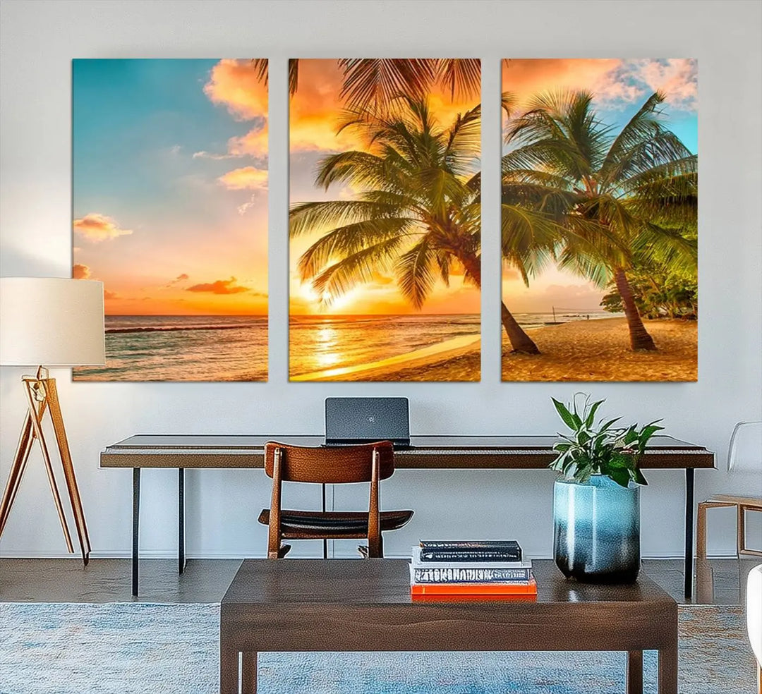 Tropical Sunset Beach Canvas Wall Art Print – Vibrant Palm Trees and Coastal Sunset Wall Decor for Home or Office – Ready to Hang