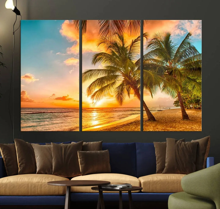 Tropical Sunset Beach Canvas Wall Art Print – Vibrant Palm Trees and Coastal Sunset Wall Decor for Home or Office – Ready to Hang