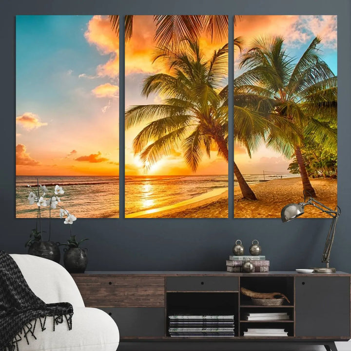 Tropical Sunset Beach Canvas Wall Art Print – Vibrant Palm Trees and Coastal Sunset Wall Decor for Home or Office – Ready to Hang